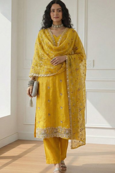 Yellow Organza Silk Embroidered Kurta Set Yellow Organza Silk Embroidered Kurta Set