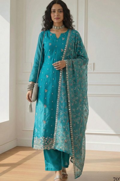 Turquoise Organza Silk Embroidered Kurta Set Turquoise Organza Silk Embroidered Kurta Set