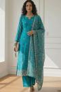 Turquoise Organza Silk Embroidered Kurta Set