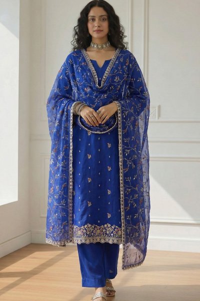 Royal Blue Organza Silk Embroidered Kurta Set Royal Blue Organza Silk Embroidered Kurta Set