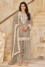 Beige Chanderi Silk Embroidered Patiala Salwar Suit Set With Organza Silk Dupatta