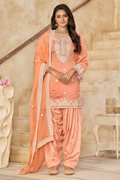 Coral Peach Chanderi Silk Embroidered Patiala Salwar Suit Set With Organza Silk Dupatta Coral Peach Chanderi Silk Embroidered Patiala Salwar Suit Set With Organza Silk Dupatta