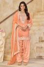 Coral Peach Chanderi Silk Embroidered Patiala Salwar Suit Set With Organza Silk Dupatta