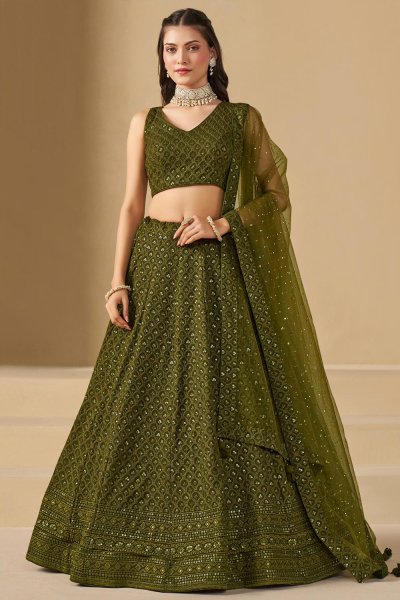 Olive Green Georgette Embroidered Lehenga Set Olive Green Georgette Embroidered Lehenga Set