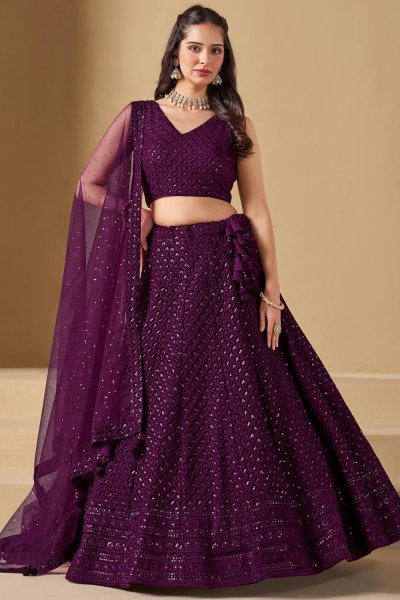 Plum Georgette Embroidered Lehenga Set Plum Georgette Embroidered Lehenga Set