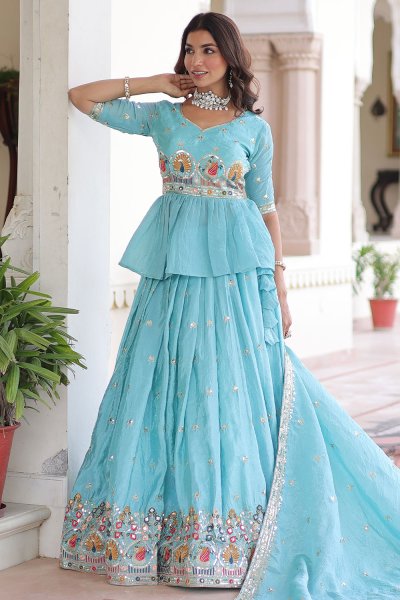 Sky Blue Organza Silk Embroidered Peplum Kurti Lehenga Set Sky Blue Organza Silk Embroidered Peplum Kurti Lehenga Set