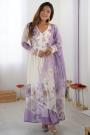 Ivory & Lavender Printed & Hand Embroidered Chiffon Anarkali Dress With Dupatta