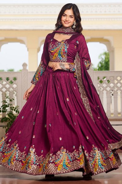 Wine Silk Embroidered Lehenga Set Wine Silk Embroidered Lehenga Set
