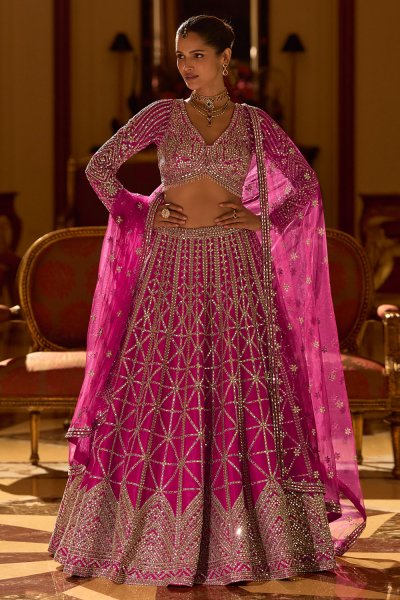 Hot Pink Silk Embroidered Luxurious Lehenga Set Hot Pink Silk Embroidered Luxurious Lehenga Set