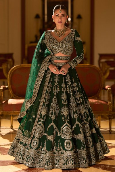 Bottle Green Silk Embroidered Luxurious Lehenga Set With Belt