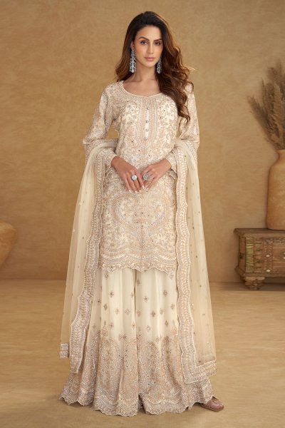Ivory Net Hand Embroidered Sharara Kurta Set