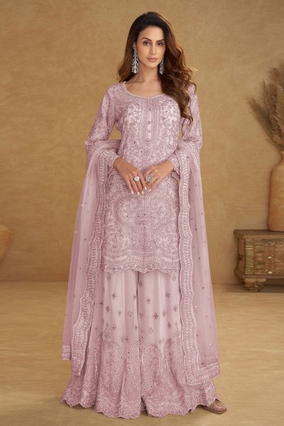 Lavender Net Hand Embroidered Sharara Kurta Set Lavender Net Hand Embroidered Sharara Kurta Set