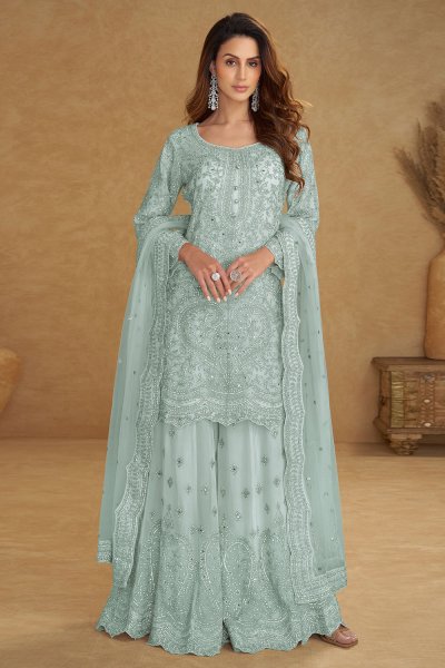 Mint Blue Net Hand Embroidered Sharara Kurta Set Mint Blue Net Hand Embroidered Sharara Kurta Set