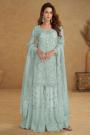 Mint Blue Net Hand Embroidered Sharara Kurta Set