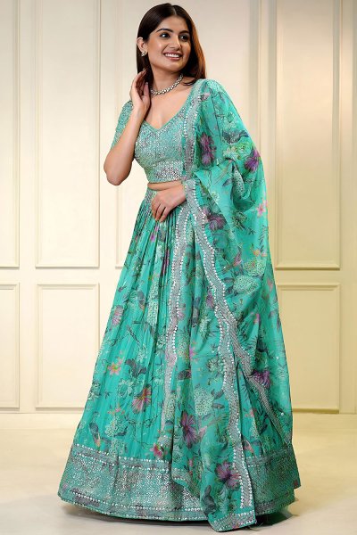 Turquoise Organza Silk Printed & Embroidered Lehenga Set Turquoise Organza Silk Printed & Embroidered Lehenga Set