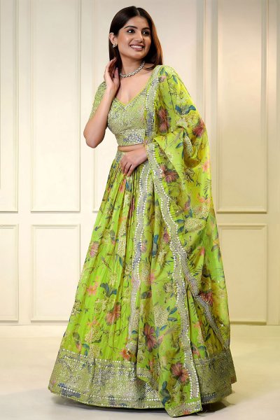 Lemon Green Organza Silk Printed & Embroidered Lehenga Set Lemon Green Organza Silk Printed & Embroidered Lehenga Set