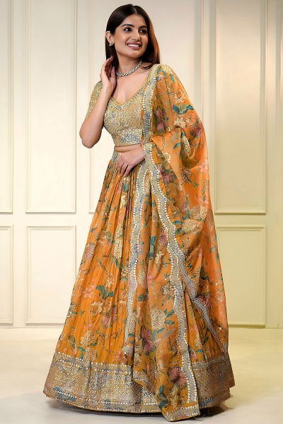 Mustard Orange Organza Silk Printed & Embroidered Lehenga Set Mustard Orange Organza Silk Printed & Embroidered Lehenga Set