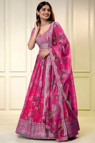 Magenta Organza Silk Printed & Embroidered Lehenga Set Magenta Organza Silk Printed & Embroidered Lehenga Set