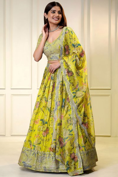 Lemon Yellow Organza Silk Printed & Embroidered Lehenga Set Lemon Yellow Organza Silk Printed & Embroidered Lehenga Set