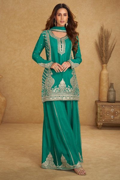 Teal Green Chinon Silk Embroidered Sharara Set Teal Green Chinon Silk Embroidered Sharara Set