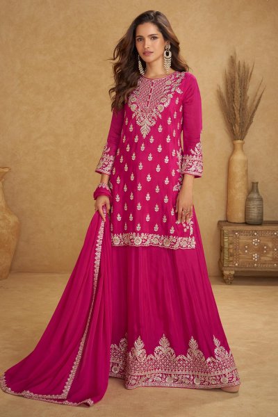 Fuchsia Pink Chinon Silk Embroidered Sharara Set Fuchsia Pink Chinon Silk Embroidered Sharara Set