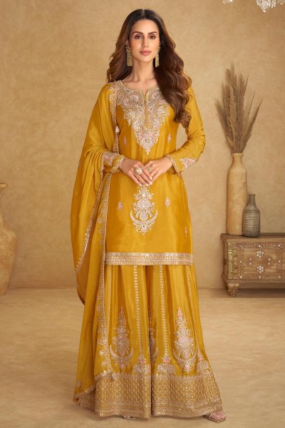 Mustard Yellow Chinon Silk Embroidered Sharara Set Mustard Yellow Chinon Silk Embroidered Sharara Set
