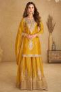 Mustard Yellow Chinon Silk Embroidered Sharara Set