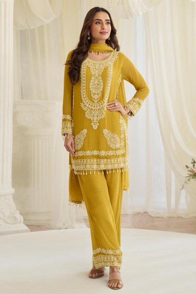 Mustard Chinon Silk Embroidered Kurta Pant Set With Dupatta Mustard Chinon Silk Embroidered Kurta Pant Set With Dupatta