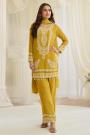 Mustard Chinon Silk Embroidered Kurta Pant Set With Dupatta