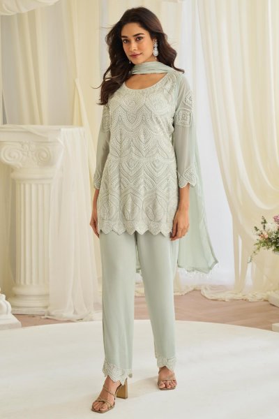 Pastel Mint Embroidered Kurta Pant Set With Dupatta Pastel Mint Embroidered Kurta Pant Set With Dupatta