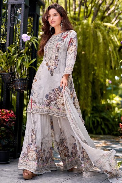 Ivory Grey Silk Floral Printed & Embellished Kurta Sharara Set Ivory Grey Silk Floral Printed & Embellished Kurta Sharara Set
