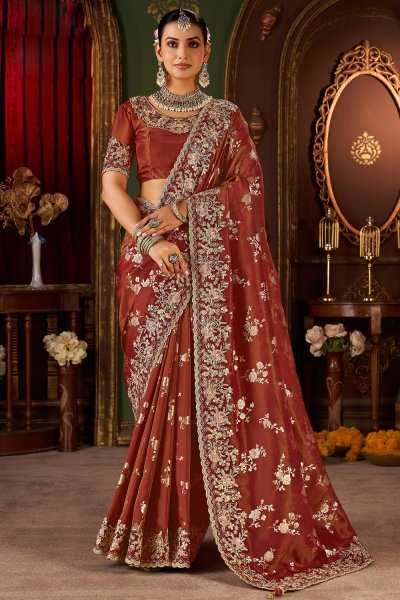 Brick Red Tissue Silk Zari Woven & Embroidered Saree Brick Red Tissue Silk Zari Woven & Embroidered Saree