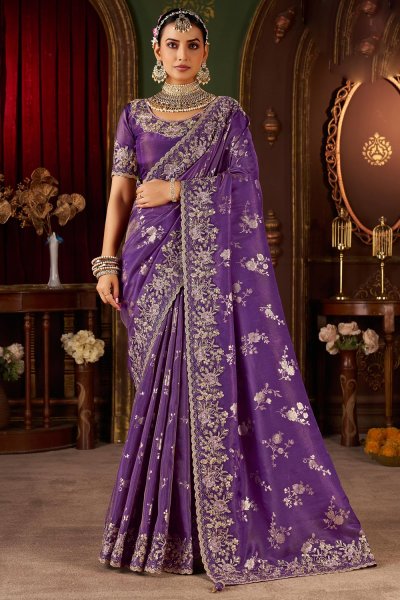 Purple Tissue Silk Zari Woven & Embroidered Saree Purple Tissue Silk Zari Woven & Embroidered Saree
