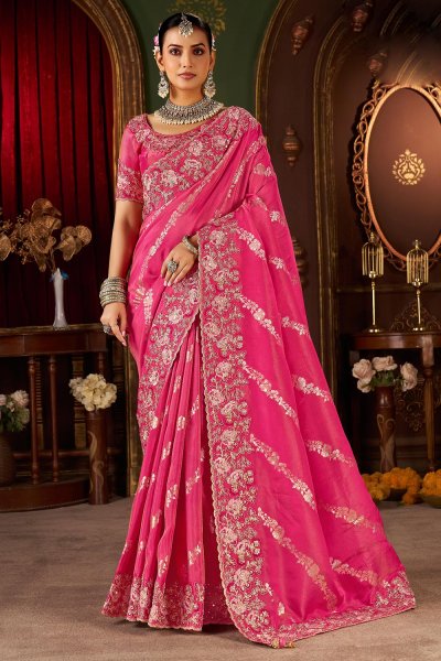 Fuchsia Pink Tissue Silk Zari Woven & Embroidered Saree Fuchsia Pink Tissue Silk Zari Woven & Embroidered Saree