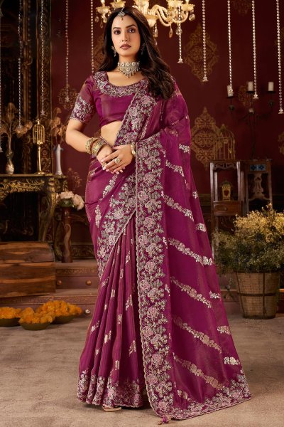 Wine Tissue Silk Zari Woven & Embroidered Saree Wine Tissue Silk Zari Woven & Embroidered Saree