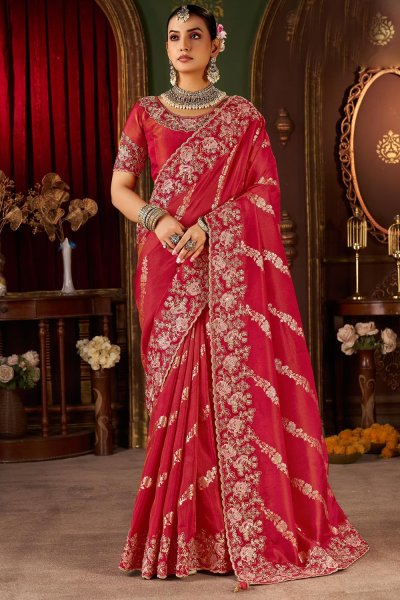 Red Tissue Silk Zari Woven & Embroidered Saree Red Tissue Silk Zari Woven & Embroidered Saree
