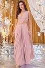 Pre-draped Pastel Pink Georgette Hand Embroidered Saree With Blouse