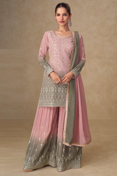 Pastel Pink & Grey Georgette Hand Embroidered Sharara Kurta Set Pastel Pink & Grey Georgette Hand Embroidered Sharara Kurta Set