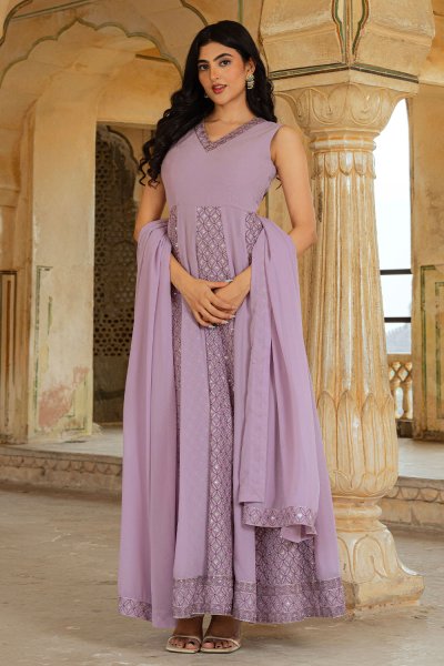 Lavender Georgette Embroidered Anarkali Dress With Dupatta Lavender Georgette Embroidered Anarkali Dress With Dupatta