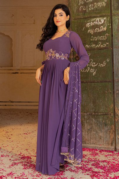 Purple Georgette Embroidered Anarkali Dress With Dupatta Purple Georgette Embroidered Anarkali Dress With Dupatta