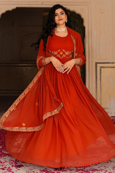 Red Georgette Embroidered Anarkali Dress With Net Dupatta Red Georgette Embroidered Anarkali Dress With Net Dupatta