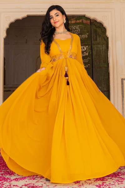 Mustard Yellow Georgette Embroidered Anarkali Dress With Dupatta Mustard Yellow Georgette Embroidered Anarkali Dress With Dupatta
