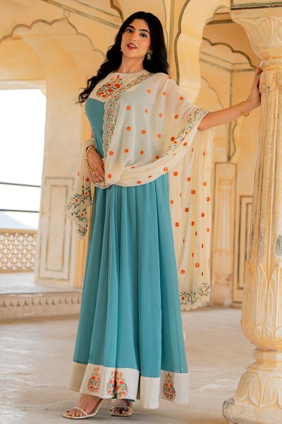 Soft Blue Georgette Embroidered Anarkali Dress With Dupatta Soft Blue Georgette Embroidered Anarkali Dress With Dupatta