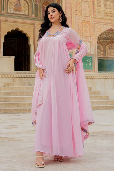Baby Pink Georgette Embroidered Anarkali Dress With Dupatta Baby Pink Georgette Embroidered Anarkali Dress With Dupatta