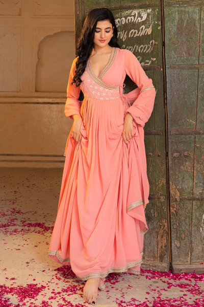 Peach Georgette Embroidered Anarkali Dress With Dupatta Peach Georgette Embroidered Anarkali Dress With Dupatta