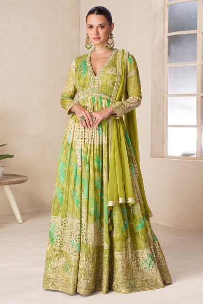 Kiwi Green Printed & Embroidered Chinon Silk Anarkali Dress & Dupatta Kiwi Green Printed & Embroidered Chinon Silk Anarkali Dress & Dupatta