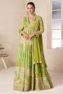 Kiwi Green Printed & Embroidered Chinon Silk Anarkali Dress & Dupatta