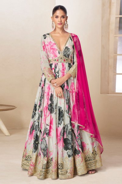 Ivory & Pink Printed & Embroidered Chinon Silk Anarkali Dress & Dupatta Ivory & Pink Printed & Embroidered Chinon Silk Anarkali Dress & Dupatta