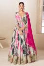 Ivory & Pink Printed & Embroidered Chinon Silk Anarkali Dress & Dupatta