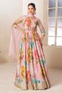 Soft Pink & Multicolor Printed & Embroidered Chinon Silk Anarkali Dress & Dupatta